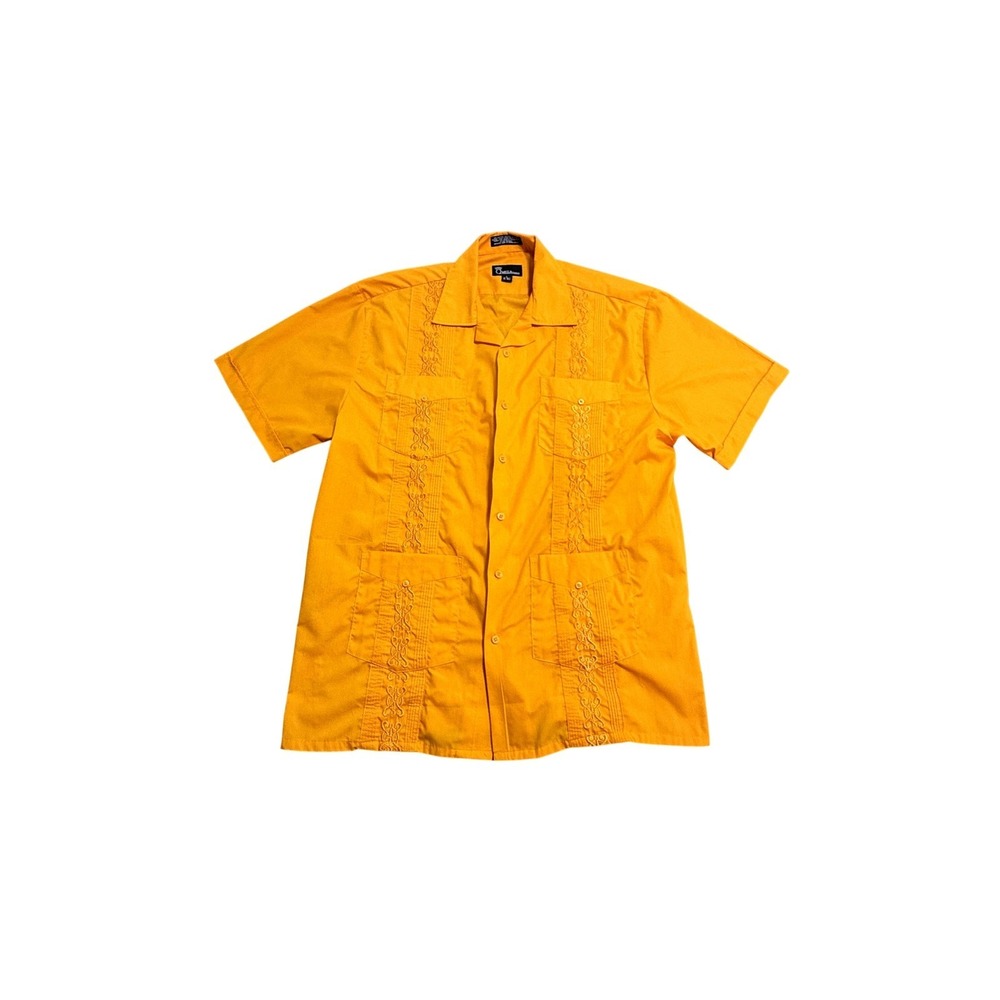 Omega Fashion Shirt Mens Large Orange‎ Embroidered Guayabera Button Front